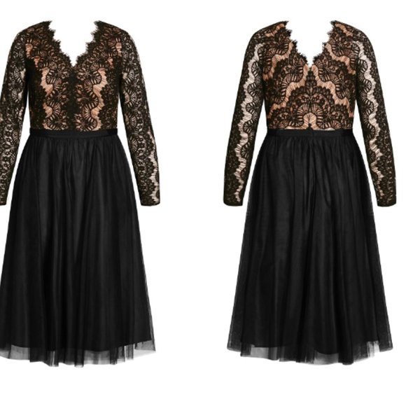 CITY CHIC RARE BEAUTY LONG SLEEVE BLACK/NUDE LACE DRESS sz S/16W - Picture 3 of 5